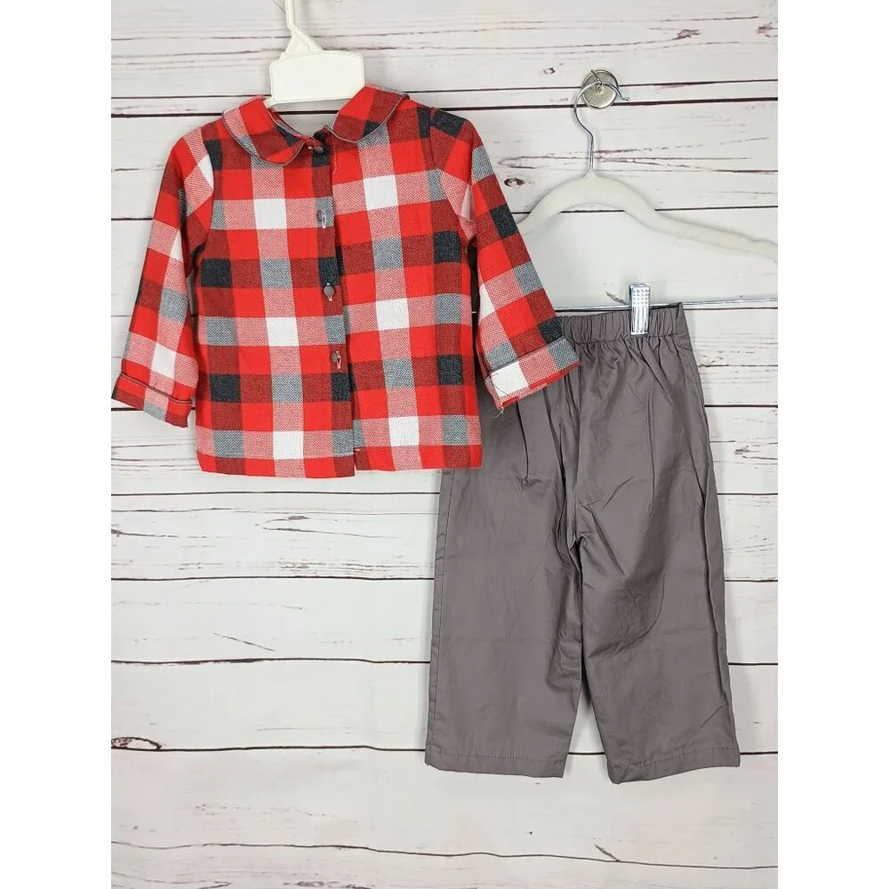The Oaks Apparel Red‎ & Gray Plaid Shirt With Gray Pants Set 24 months NWT